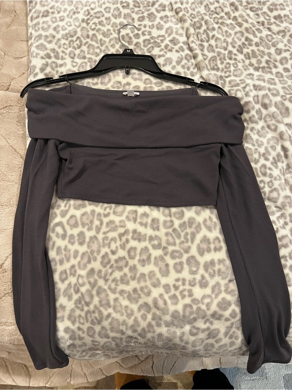 Garage Charcoal Ribbed Off-Shoulder Crop Top (s)